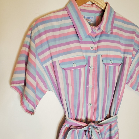 Pink Bubblegum White, Blue and Purple Striped 80s Short Sleeve Shirt Dress - Picture 15 of 15